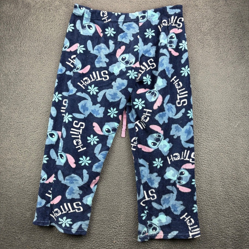 Disney Lilo and Stitch Womens XL Blue Fleece Pajama Pants Floral Hibiscus Lounge - Picture 7 of 8